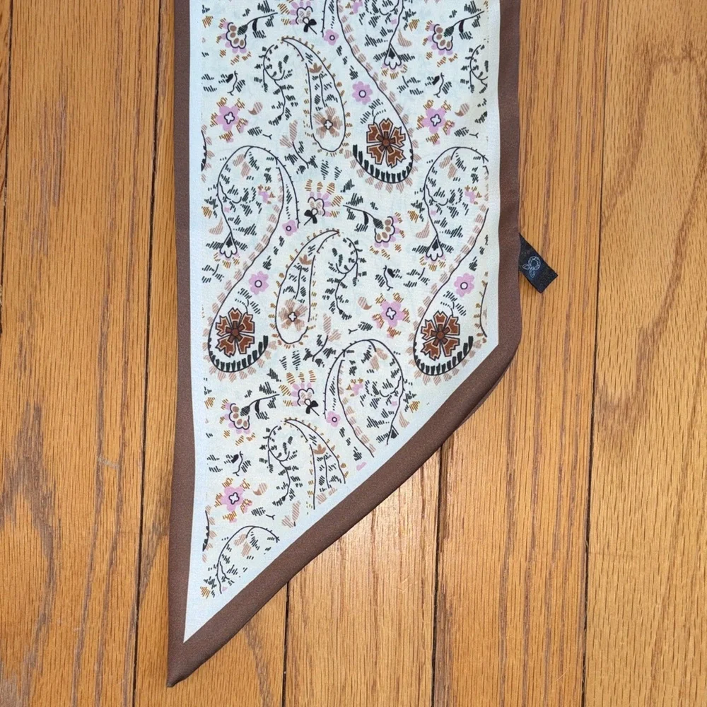 Paisley Skinny Scarf Brown Cream Floral Neck Hair Bag Ribbon Tie